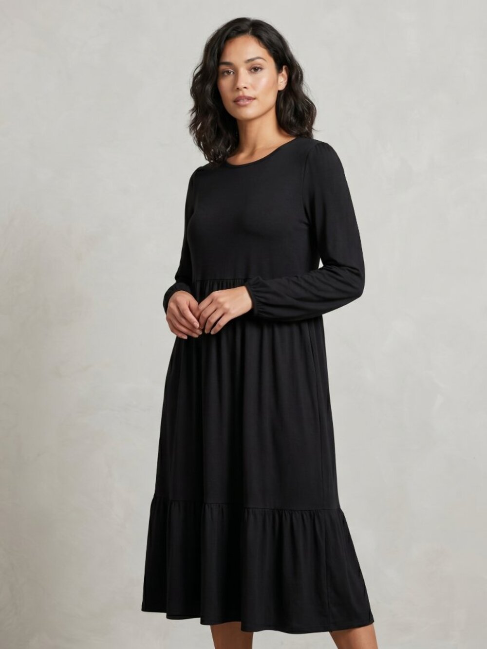 NWT | Black Long Sleeve Tiered Midi Dress | Gothic Minimalism | M